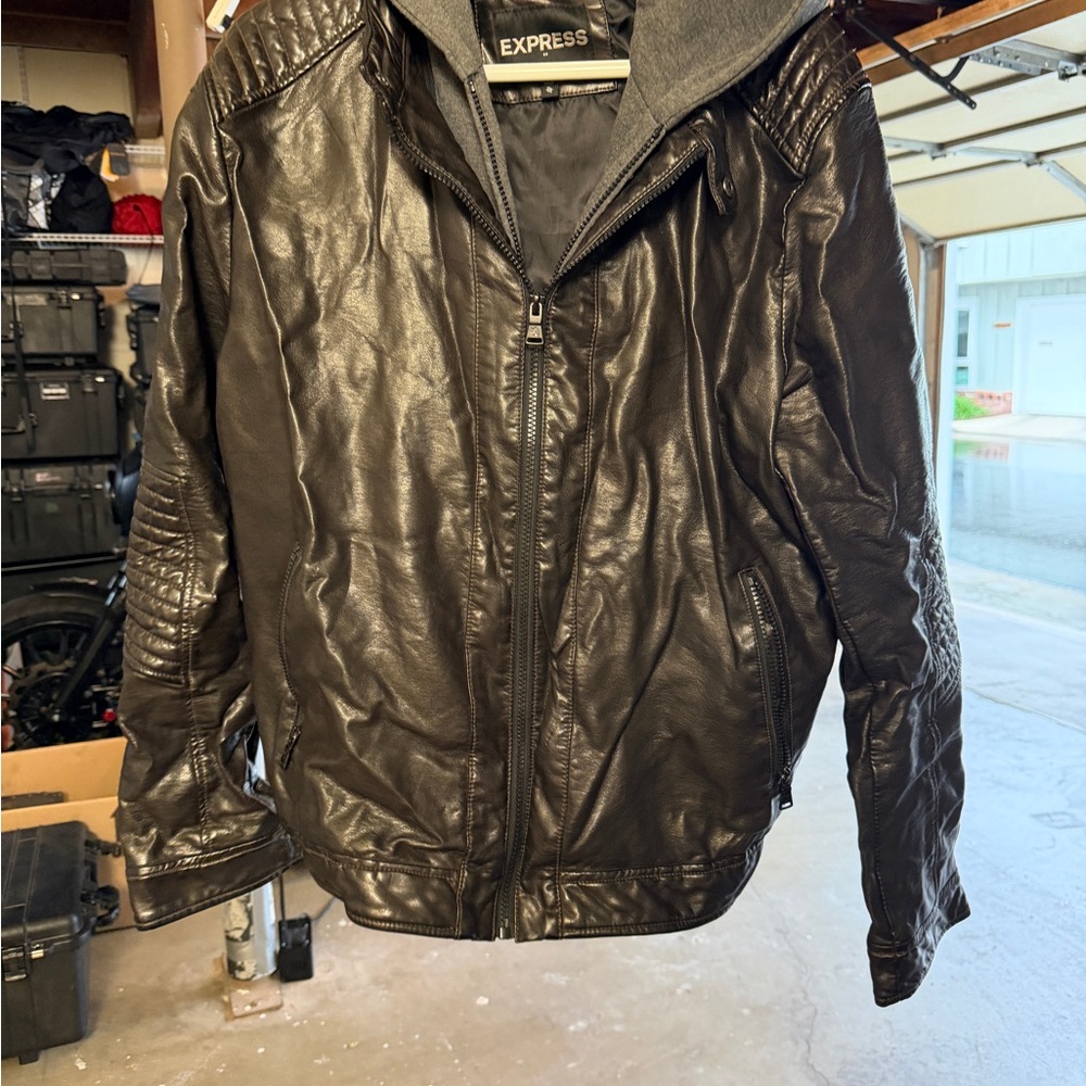 Express Men's Dark Leather Bomber Jacket